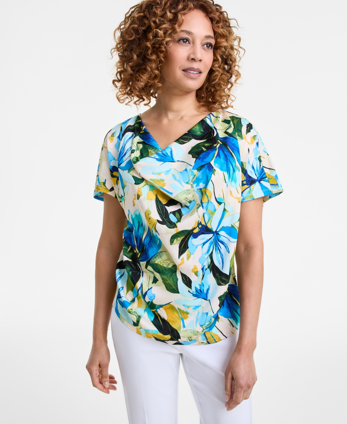 Shop Jm Collection Women's Printed Cowl Neck Mixed-media Top, Exclusively At Macy's In Beige Creme