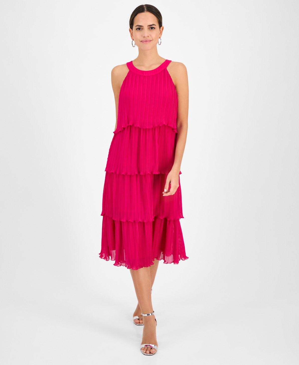 Women's Round-Neck Sleeveless Tiered Dress - Pink