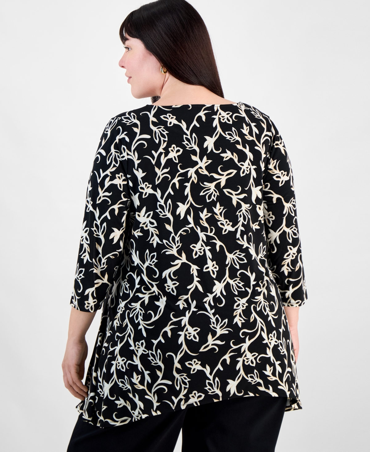 Jm Collection Plus Size Printed High-low Swing Top, Exclusively At Macy's In Deep Black