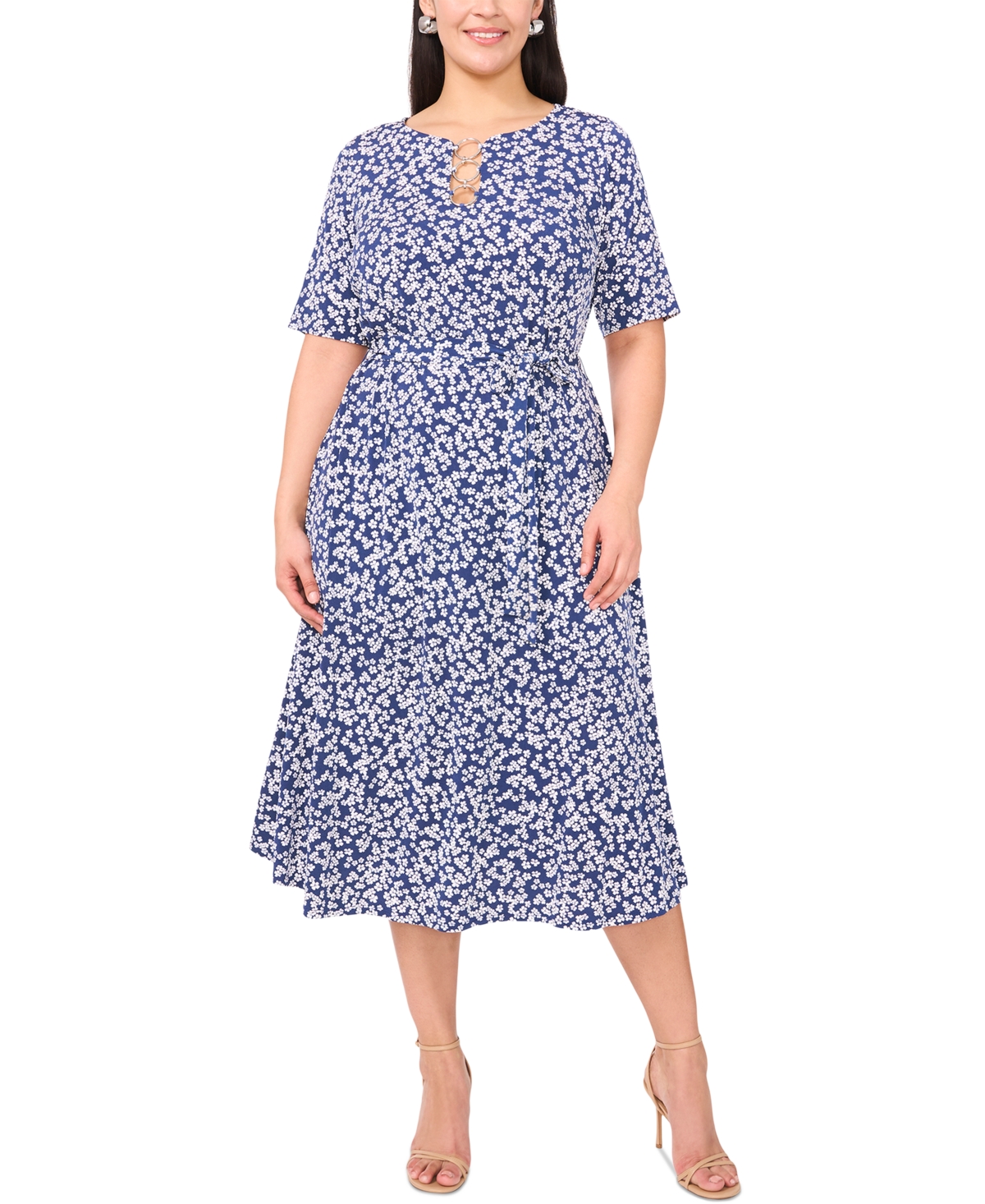 Plus Size Printed Ring Short-Sleeve Midi Dress - Denim