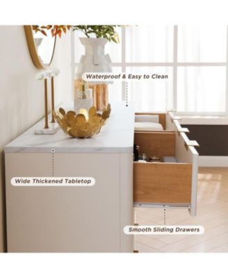 Fluted 6 Drawers Dresser, 54&amp;quot; Wide Modern Chest of Drawers with Faux Marble Top, Curved Profile Design, Dresser TV Stand, Wood Drawer Organizer for Bedroom, Living Room, Hallway, Solid White