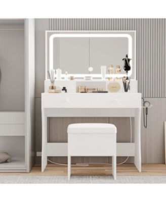 Vanity Desk with LED Lighted Mirror & Power Outlet & 4 Drawers
