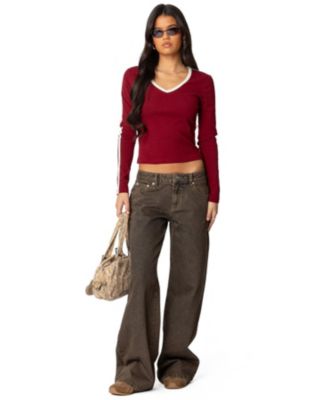 Womens Contrast V Neck Long Sleeve T Shirt