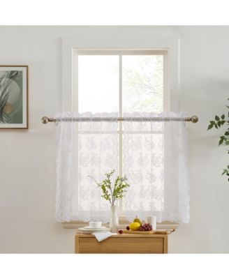 Jolene Floral Rod Pocket Lace Semi Sheer Voile Short Cafe Tiers for Small Windows - 28 x 36 Inch Length (White Tiers, Set of 2)