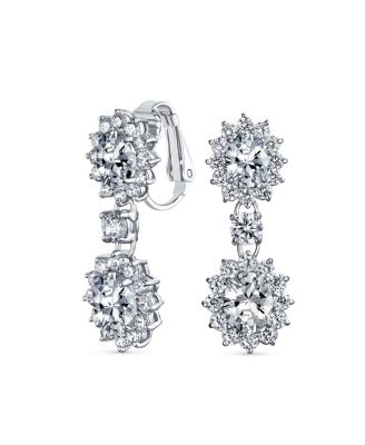Crown Halo Pave Cubic Zirconia CZ Drop Dangling Oval Chandelier Clip On Earrings Statement Non-Pierced