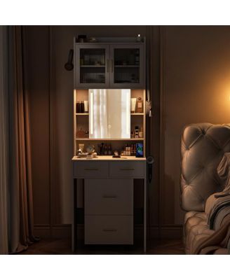 Small Vanity Desk with Mirror and LED Lights – Compact Makeup Table with Charging Station and Storage Shelves for Small Spaces