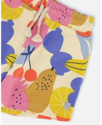 Big Girls Printed French Terry Short Fruits On Yellow Background