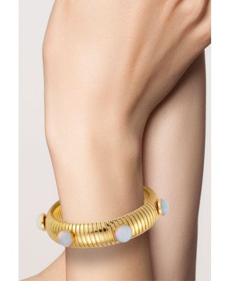 Gold Plated Bold Tubogas Bangle Bracelet with Synthetic Moonstone