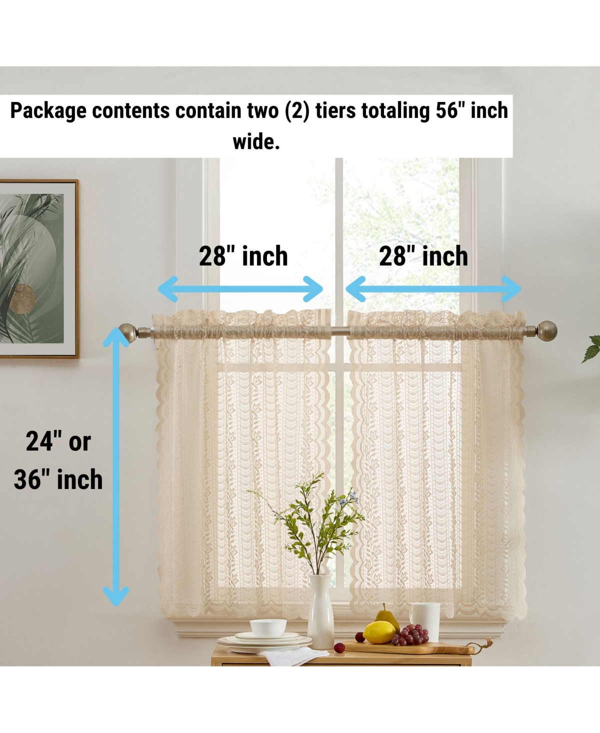 Hlc.me Sophia Floral Rod Pocket Lace Semi Sheer Voile Short Cafe Tiers for Small Windows - 28 x Inch Length (Taupe Tiers