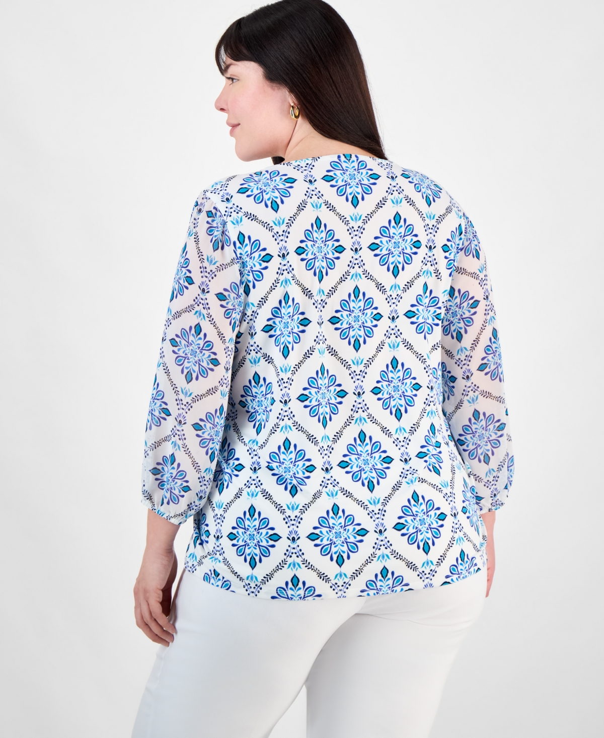 Jm Collection Plus Size Embellished V-neck 3/4-sleeve Top, Exclusively At Macy's In Neo Natural