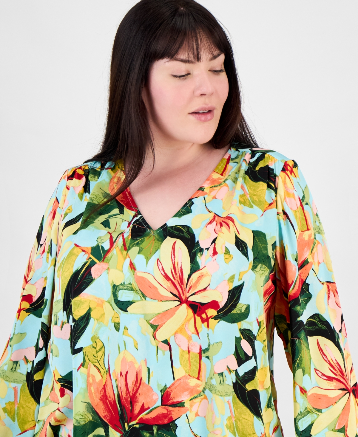 Jm Collection Plus Size Printed Long-sleeve Top, Exclusively At Macy's In Teal Spark