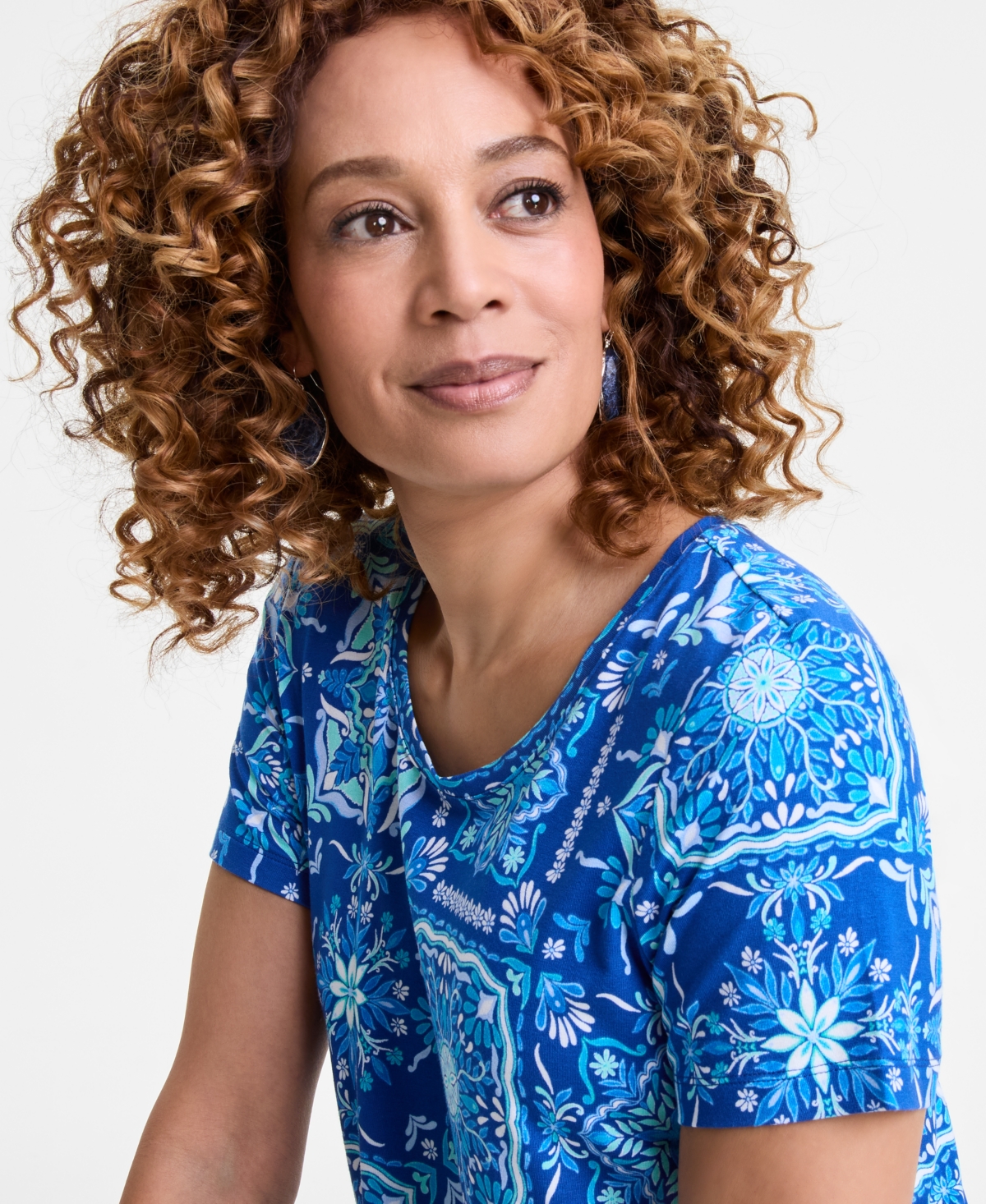 Jm Collection Women's Printed Scoop-neck Short-sleeve Top, Exclusively At Macy's In Bright Marine