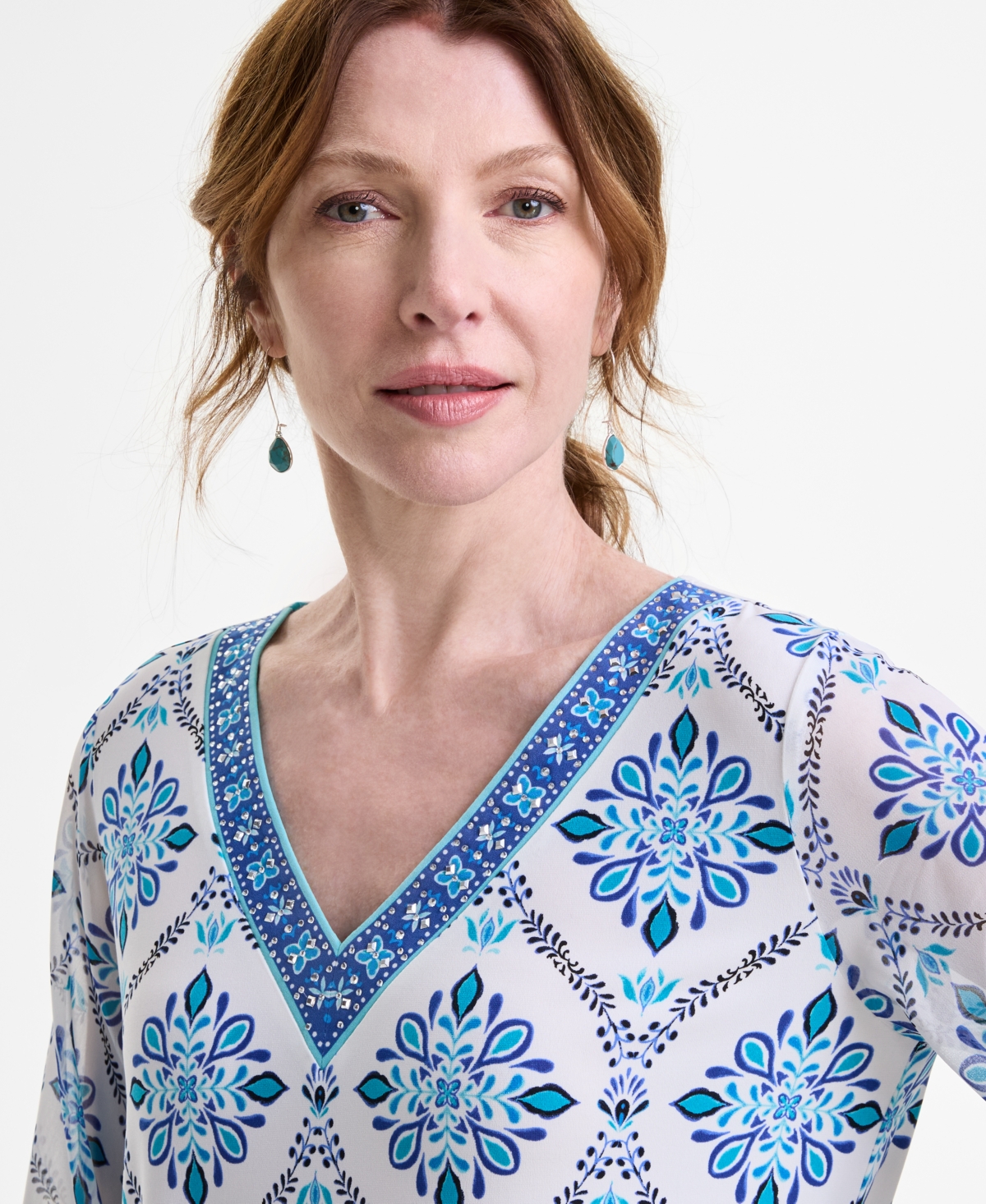 Jm Collection Women's Embellished V-neck 3/4-sleeve Top, Exclusively At Macy's In Neo Natural