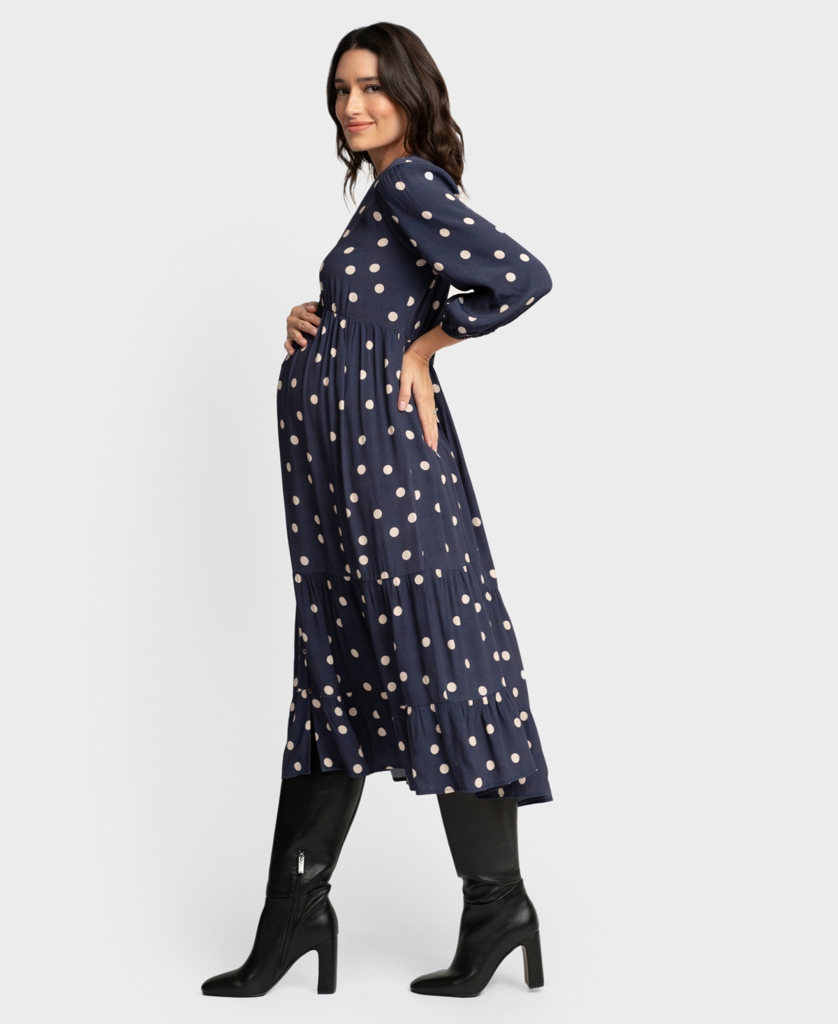 Shop Seraphine Women's Maternity V-neck Button Down Tiered Dress In Navy Dot