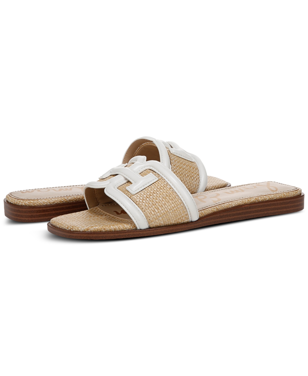 Shop Sam Edelman Women's Irina Logo Emblem Slide Sandals In Bright White,beechwood Weave Leather