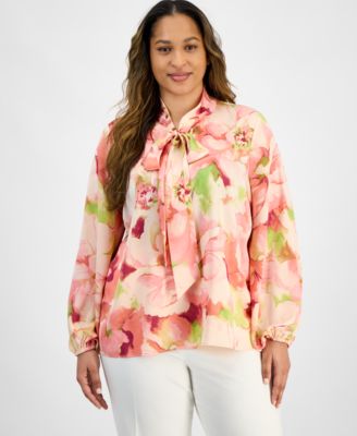 Tahari ASL - Plus Size Floral-Print Tie-Neck Blouse