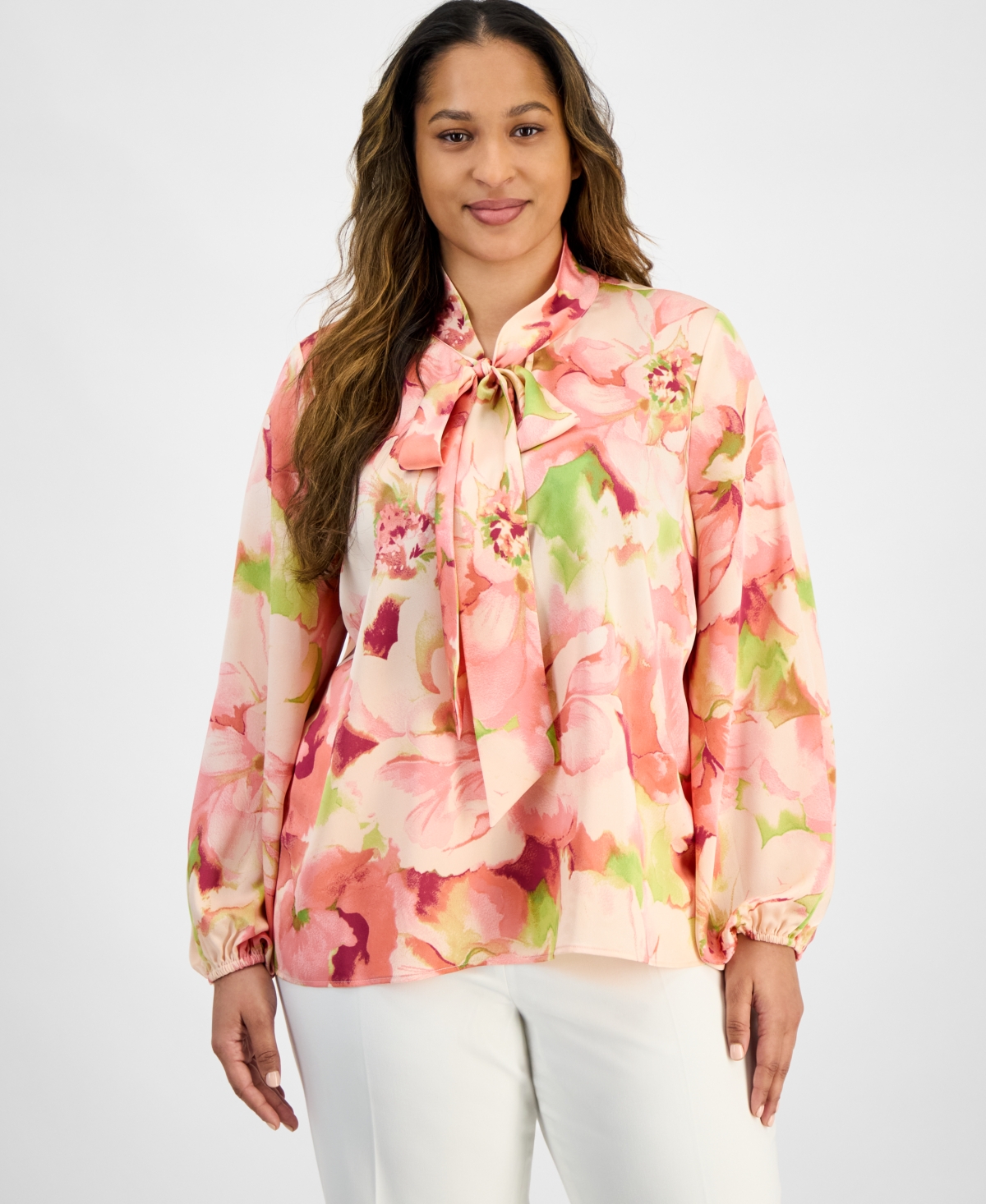 Plus Size Floral-Print Tie-Neck Blouse - Peach Watercolor