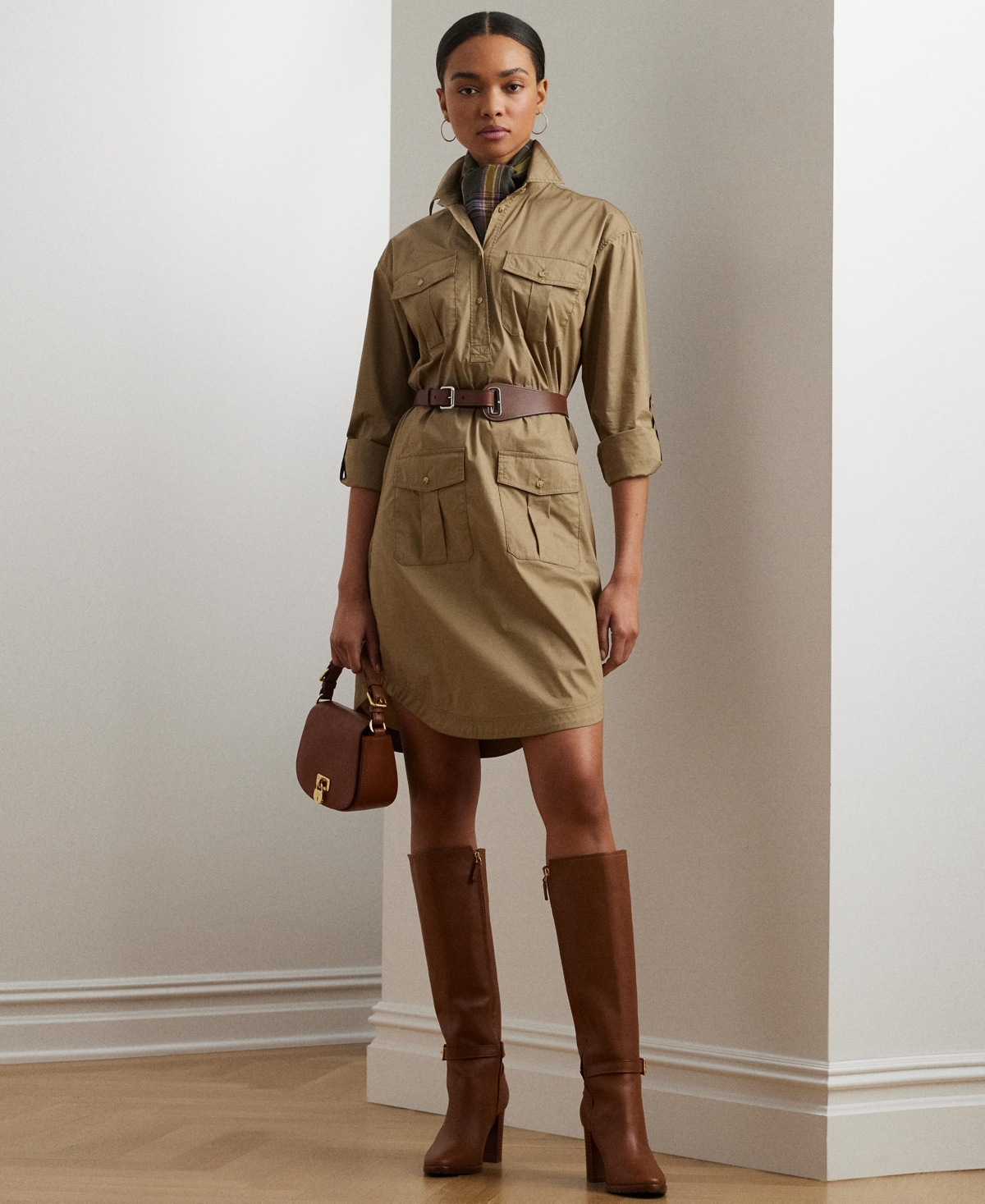 RALPH LAUREN WOMEN'S BELTED COTTON-BLEND SHIRTDRESS 