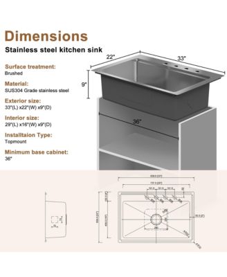 33" L x 22" W Single Bowl Stainless Steel Drop-in Workstation Kitchen Sink with Accessories