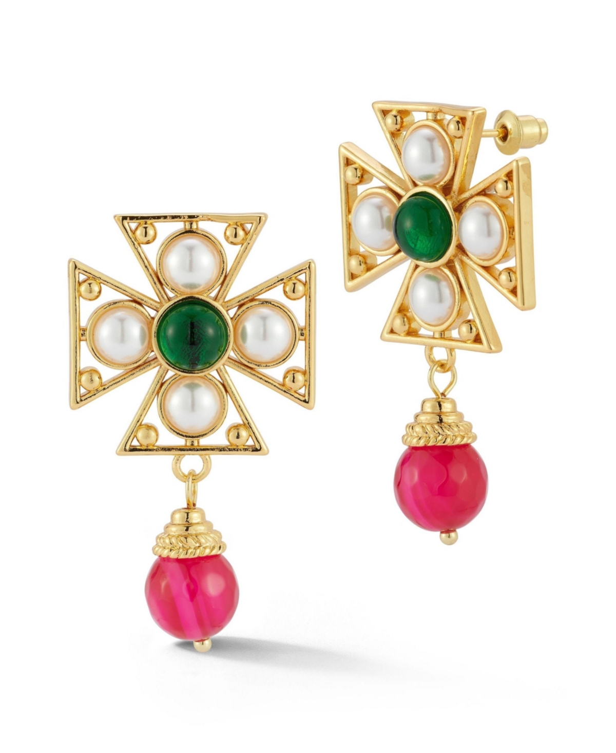 Gold Plated Bold Crystal and Pearl Cross Drop Earrings - Gold