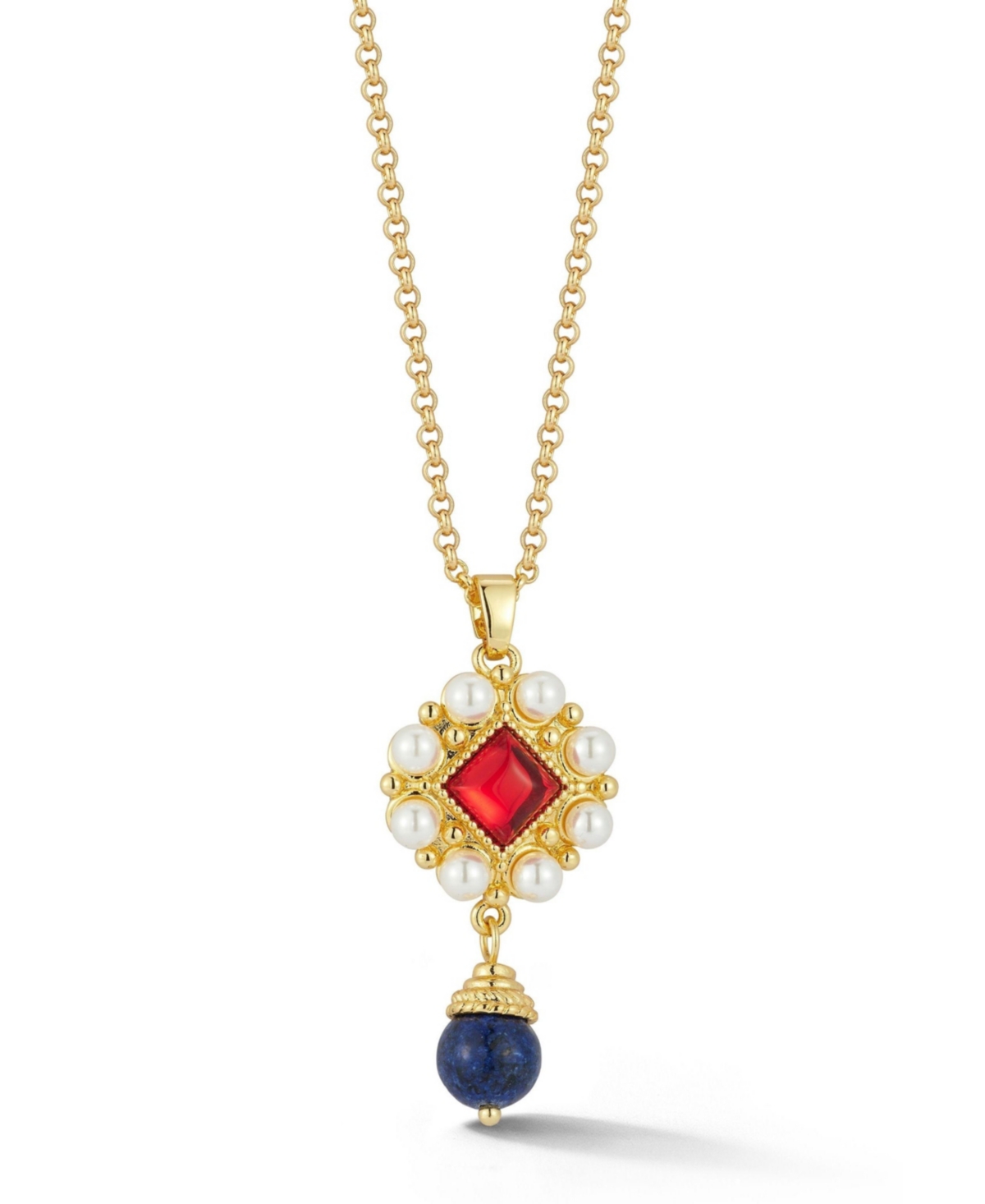 Gold Plated Ornate Gem and Pearls Pendant Necklace - Gold