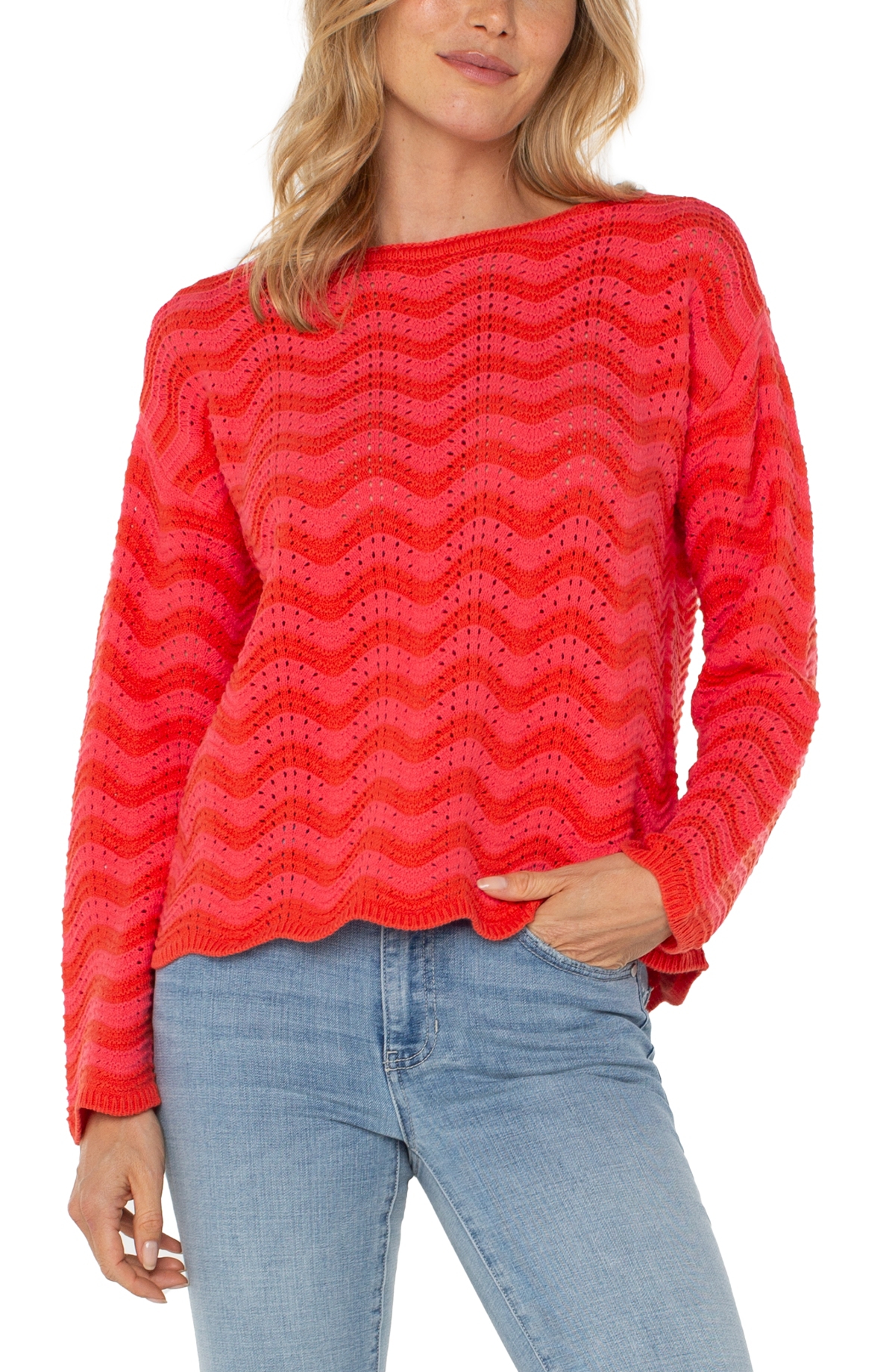 Liverpool Los Angeles Wavy Stripe Pointelle Cotton Blend Sweater In Pink Red Stripe