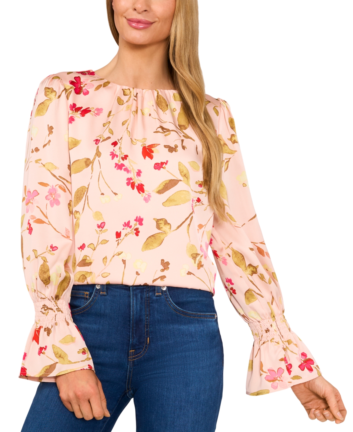 Shop Cece Women's Printed Long-sleeve Smocked-cuff Blouse In Sugar Peach