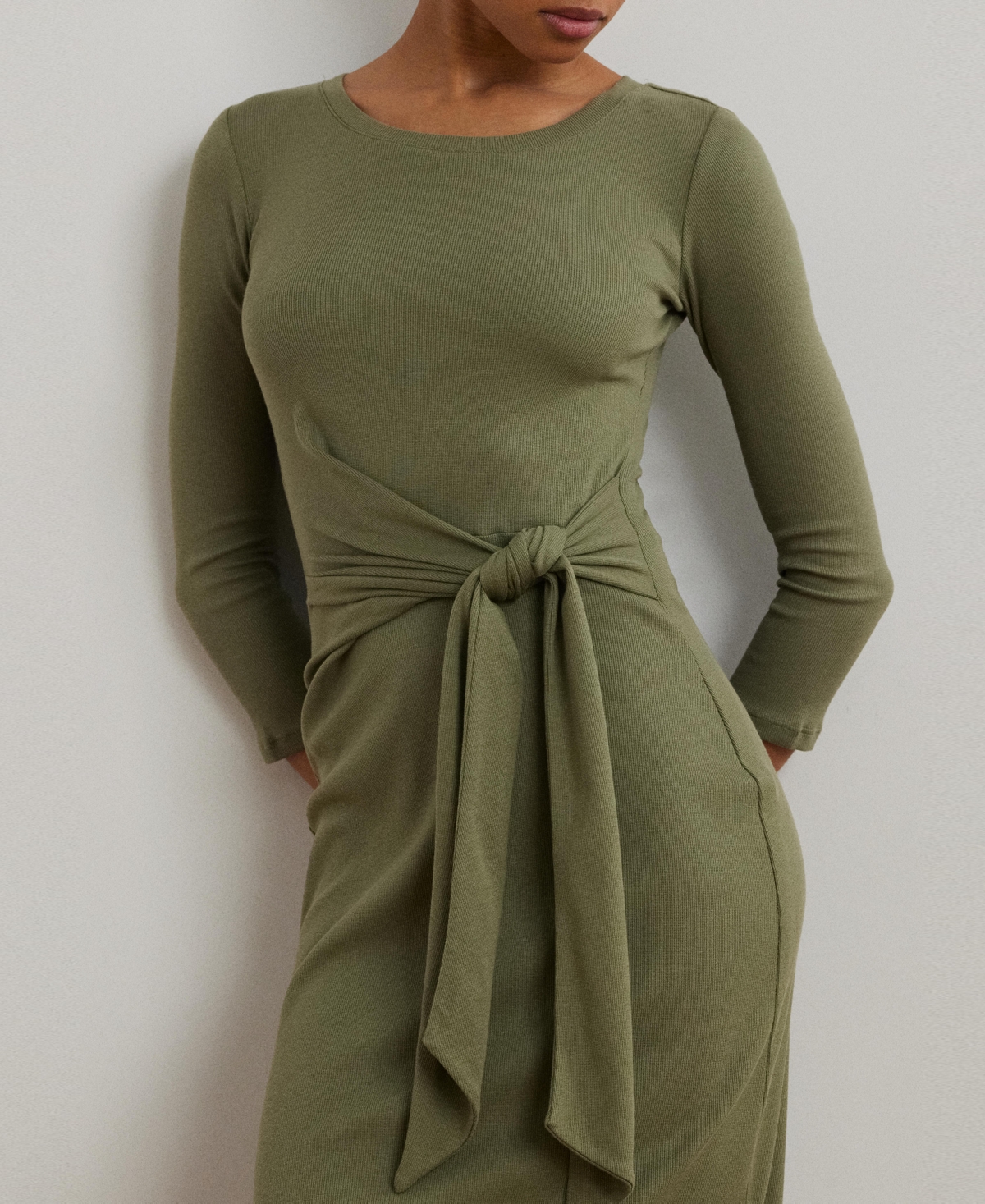 Shop Ralph Lauren Women's Tie-front Cotton-blend Crewneck Dress In Sage Green