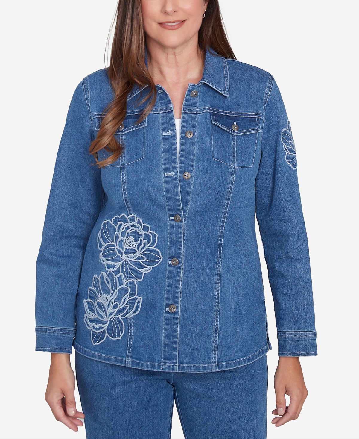 Women's Free Spirit Super Stretch Floral Denim Jacket - Medium Denim