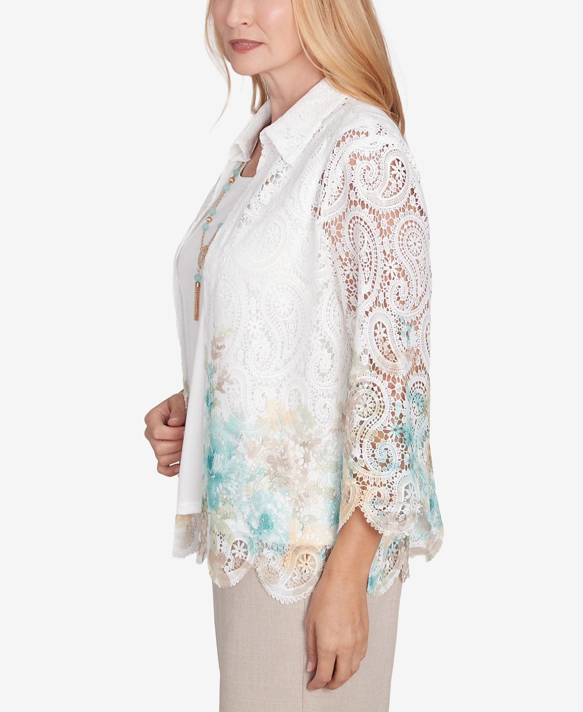 Alfred Dunner Petite Kensington Gardens Two In One Lace Floral Top With Necklace In Neutral Multi