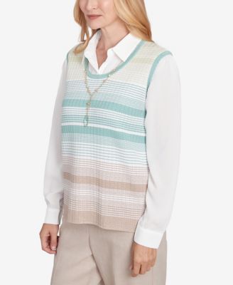 Women's Kensington Gardens Striped Vest Collared Two in One Sweater with Necklace