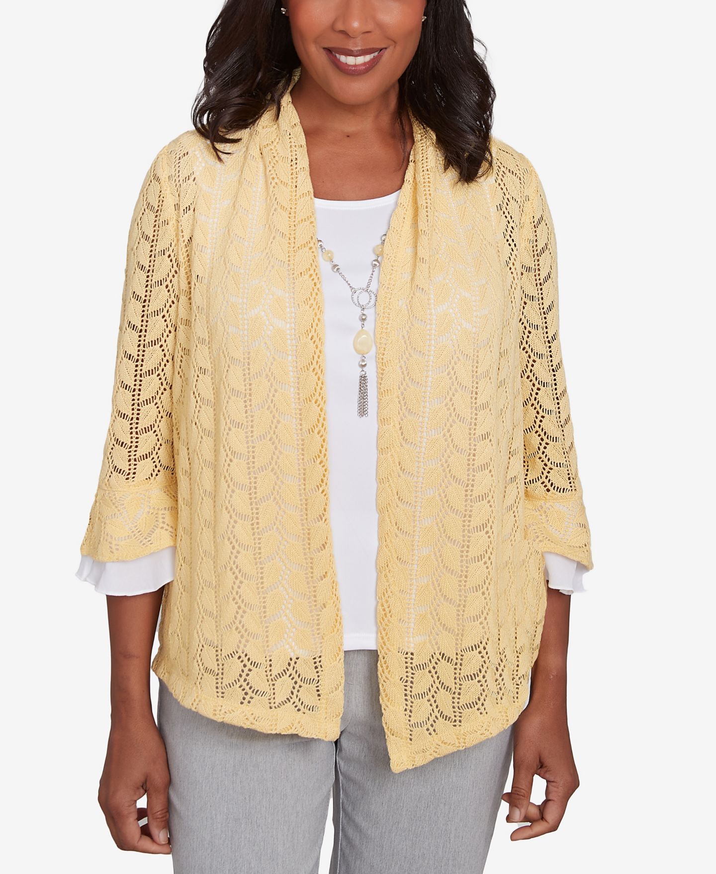Женский топ Alfred Dunner Dress Code Two in One Pointelle Knit with Necklace, цвет: Buttercup — фото 1