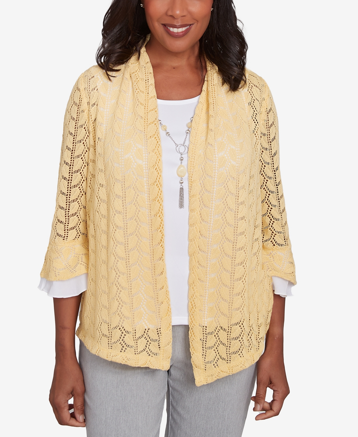 Women's Dress Code Two in One Pointelle Knit Top with Necklace - Buttercup