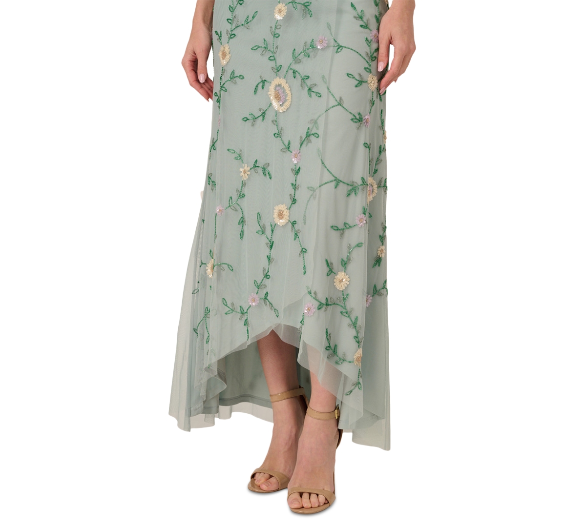 ADRIANNA PAPELL WOMEN'S BEAD FLUTTER-SLEEVE MIDI MESH DRESS 