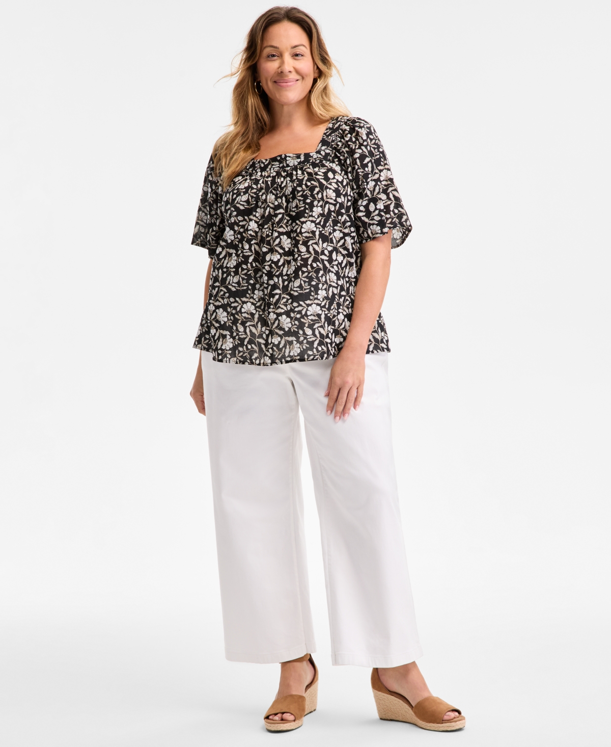 Style & Co Plus Size Printed Flutter-sleeve Top, Exclusively At Macy's In Floral Deep Black