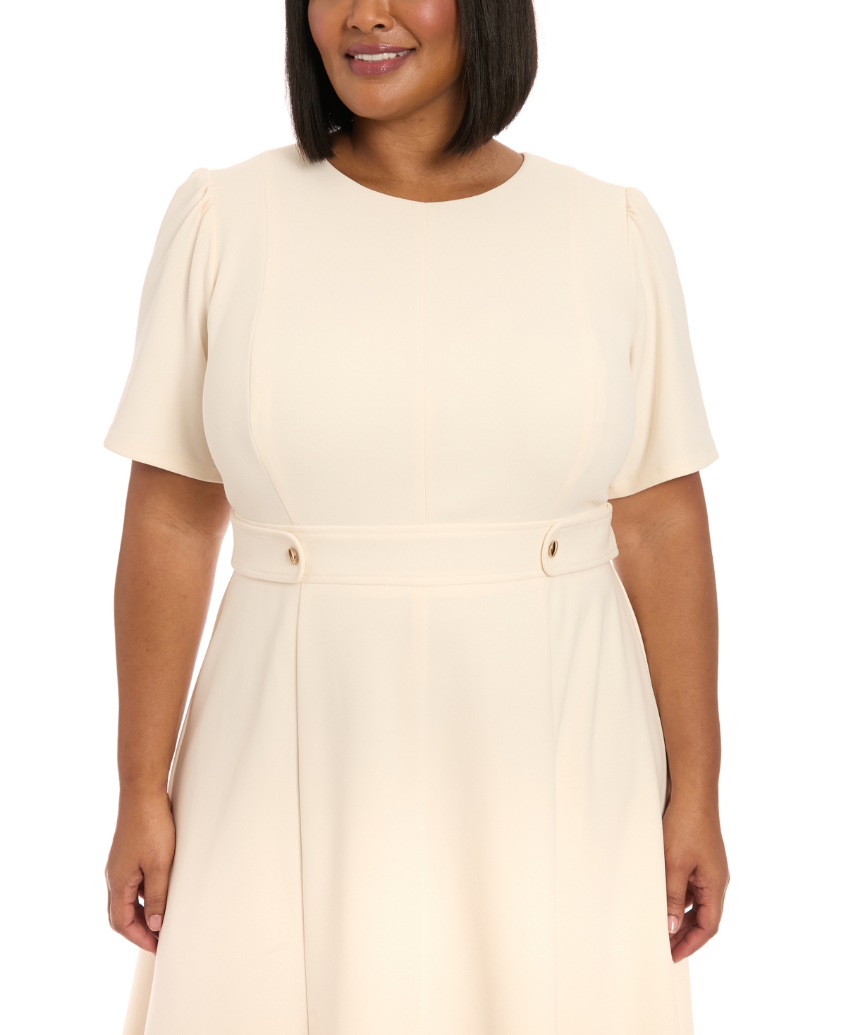London Times Plus Size Crewneck Button-tab Short-sleeve Midi Dress In Sugar Ivory