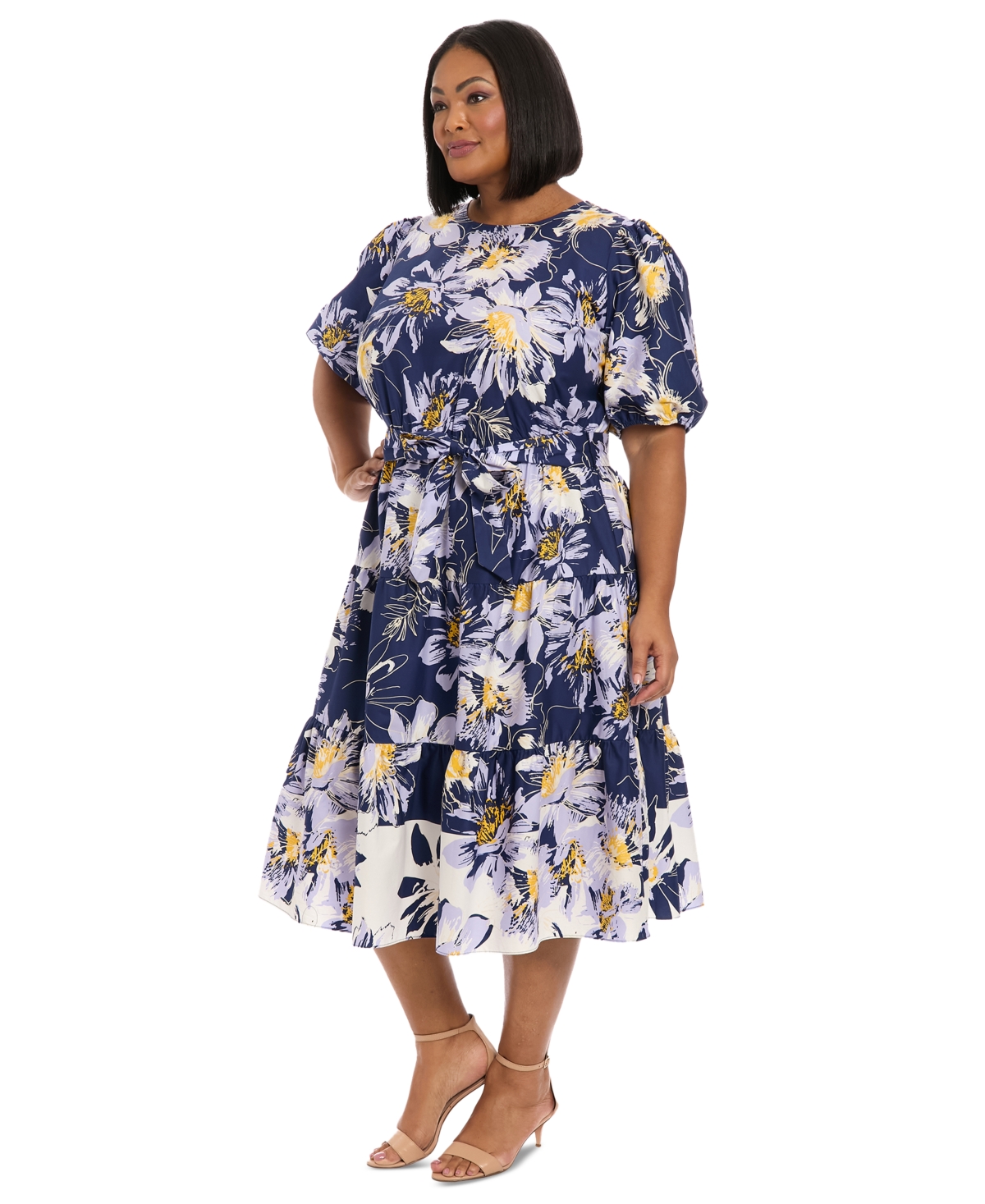 London Times Plus Size Printed Puff-sleeve Midi Dress In Navy Ivory