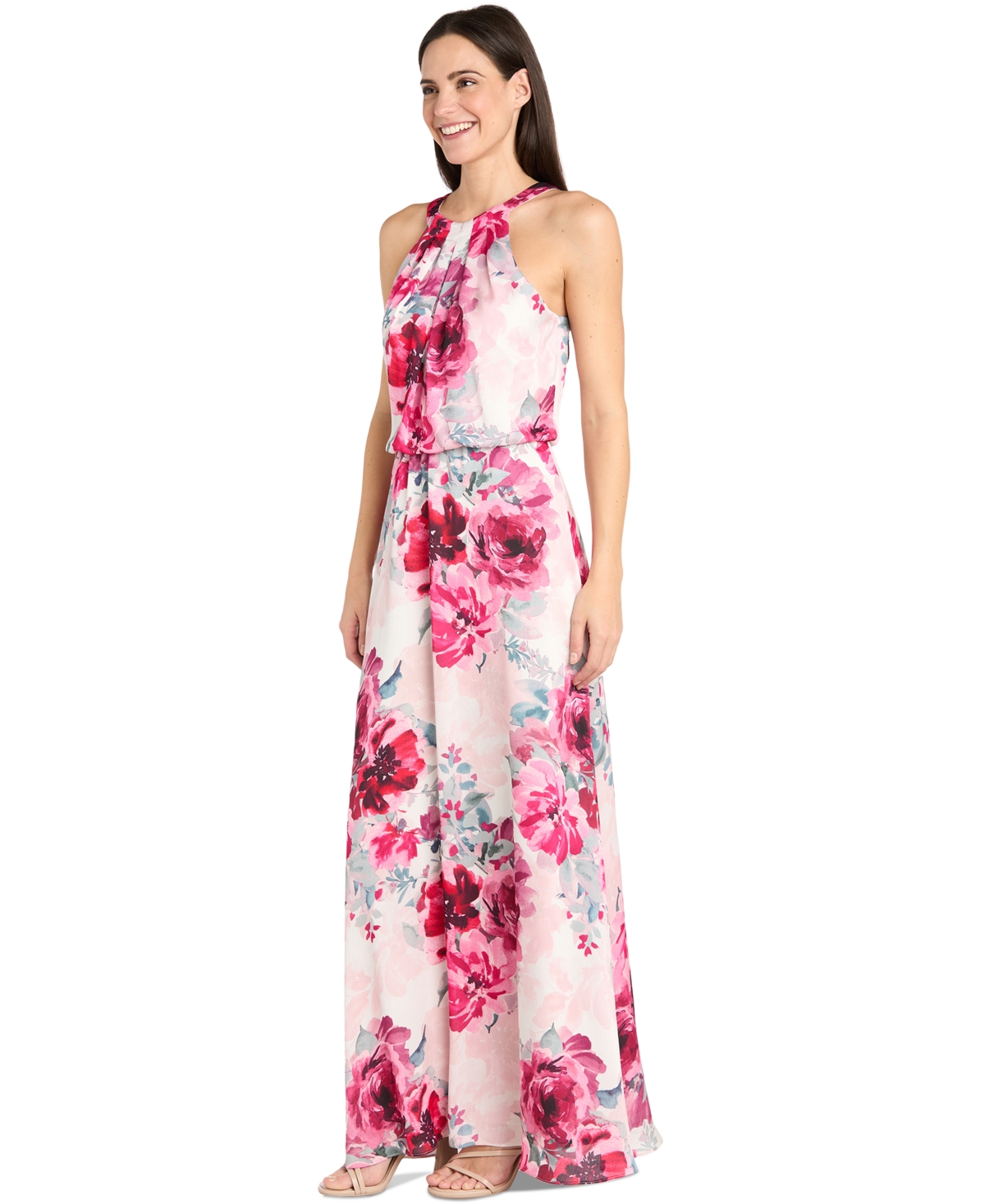 R & M Richards Petite Floral-print High-neck Blouson Dress In Cream,rose
