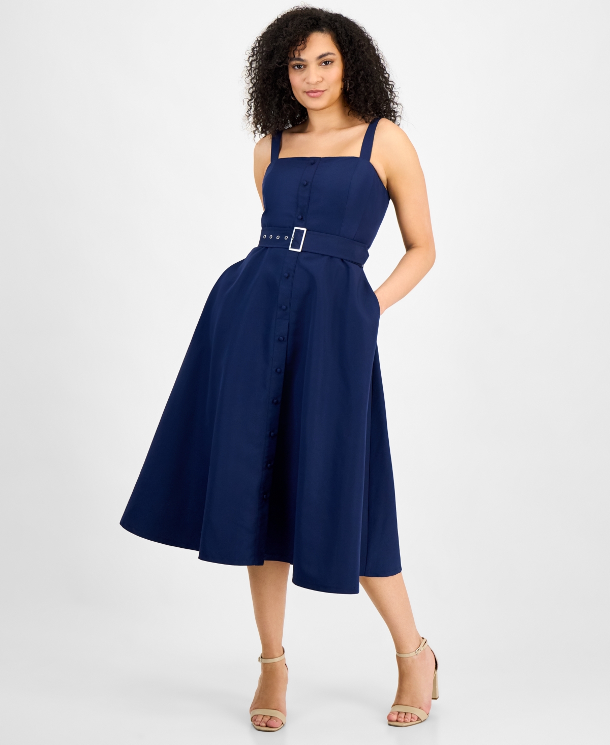 Women's Belted Midi Dress - Navy