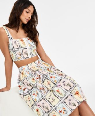 Shop Avec Les Filles Womens Lace Trimmed Cropped Corset Top Printed Gathered Skirt In Garden Letterpress