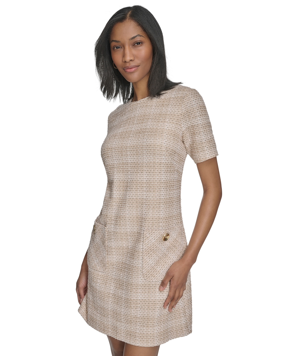 HALSTON WOMEN'S PATCH-POCKET SHORT-SLEEVE TWEED SHIFT DRESS 