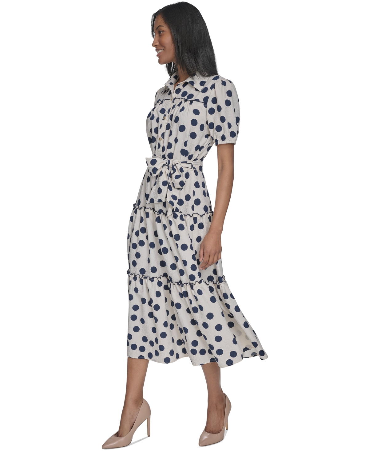 HALSTON WOMEN'S COLLARED TIE-WAIST SHORT-SLEEVE TIERED DRESS 