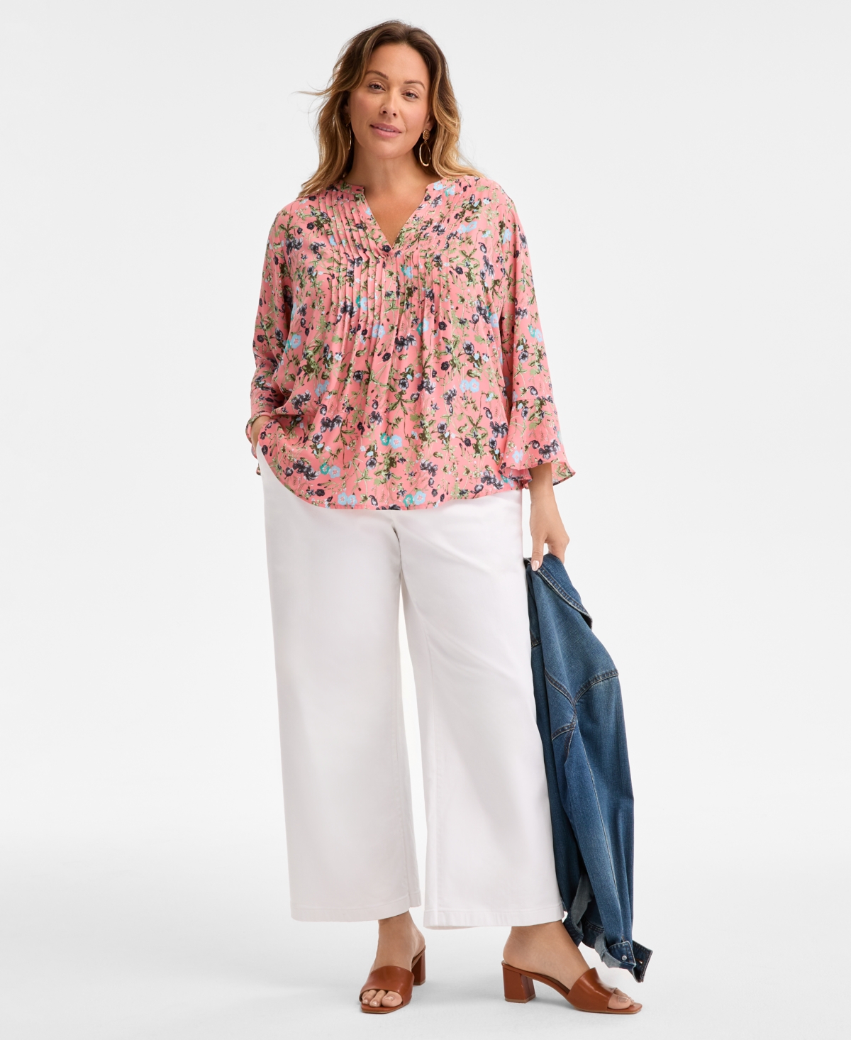 Style & Co Plus Size Printed Pintuck Top, Exclusively At Macy's In Floral Salmon
