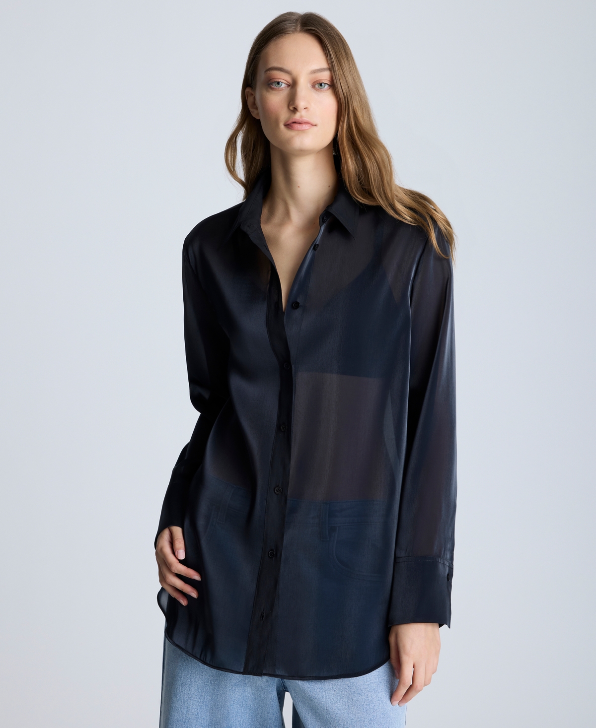 Kenneth Cole Oversized Button Front Long Sleeve Tunic In Black