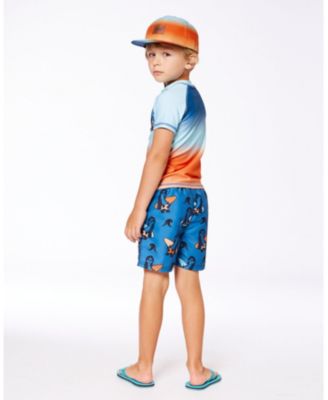 Boy Printed Swim Trunks Orange Sloths On Navy Blue - Toddler|Child