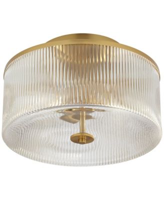 McKenzie 14" Mid Century Modern 2-Light Semi Flush-Mount Ceiling Light Fixture Kitchen Foyer Hallway Drum Round Warm Brass Finish Ribbed Glass Metal Bedroom Bathroom Entryway - Possini Euro Design