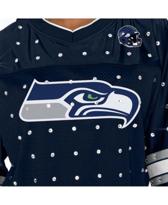 Women's College Navy Seattle Seahawks Kickoff Time Allover Rhinestone Sports Stripe Jersey V-Neck T-Shirt