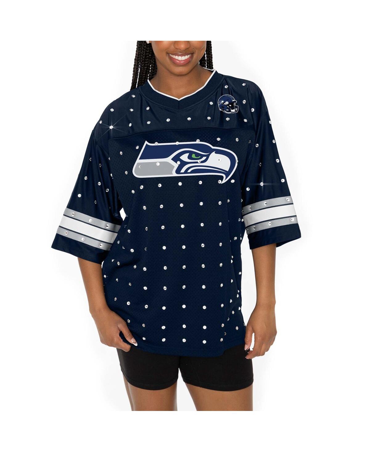 Shop Gameday Couture Women's College Navy Seattle Seahawks Kickoff Time Allover Rhinestone Sports Stripe Jersey V-neck T-