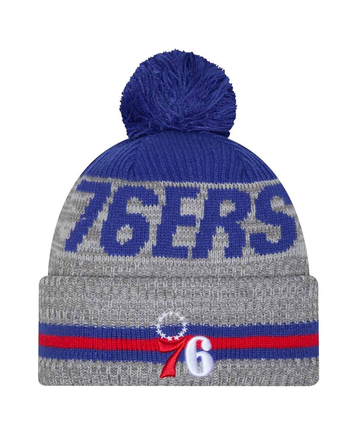 NEW ERA MEN'S GRAY PHILADELPHIA 76ERS SPORT NIGHT RUNNER CUFFED WITH POM KNIT HAT 