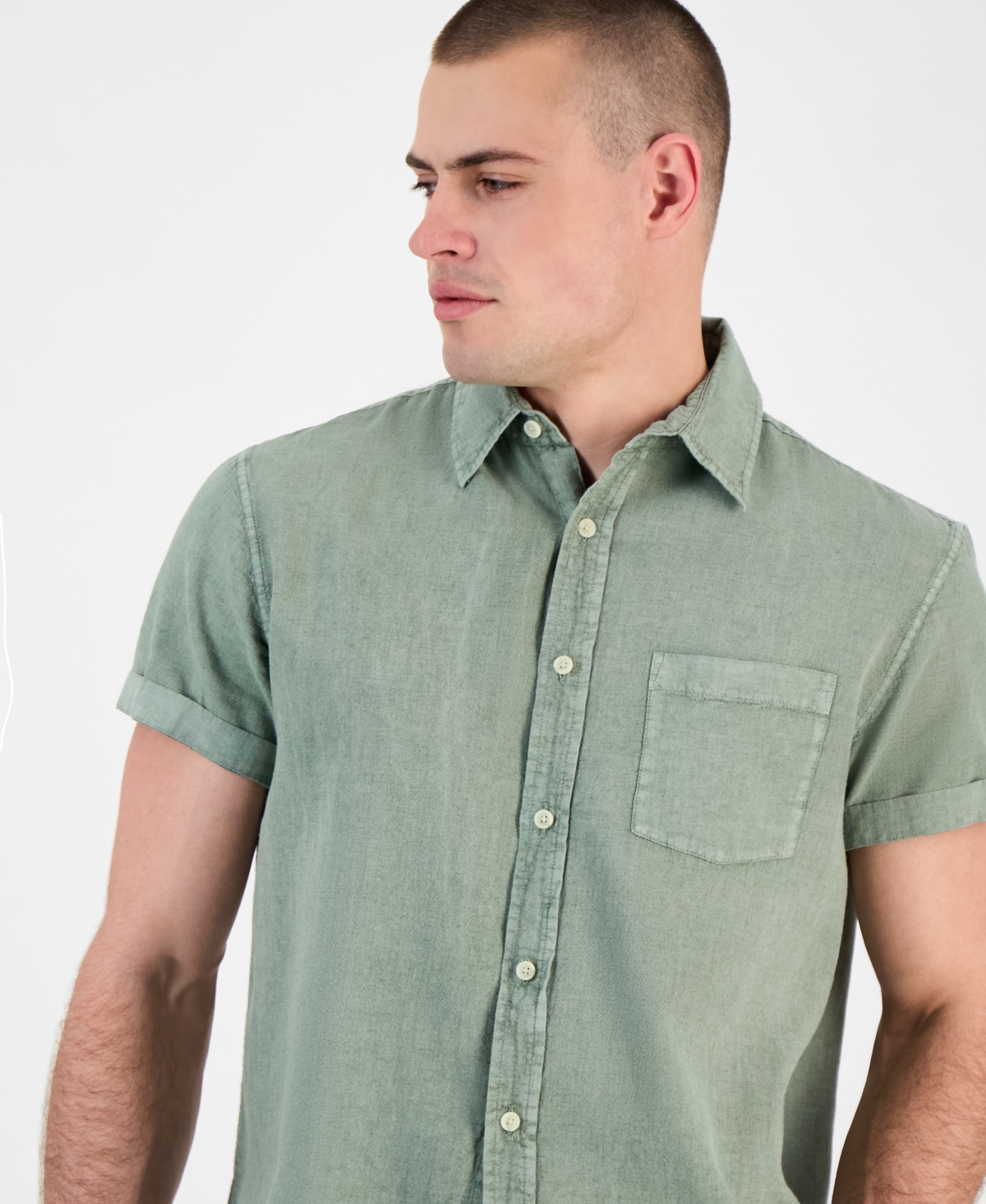 Sun + Stone Men's Blake Linen Chambray Short Sleeve Button-front Shirt, Created For Macy's In Vintage Sage